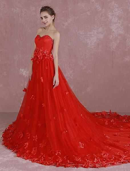 Milanoo Rote Hochzeit Kleid Sweetheart trägerlosen Pailletten Brautkleid 3D Blumen Applikation eine