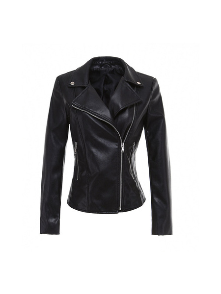 Image of Black Moto Jacket Leather Like Zipper Lace Up Biker Jacket For Women