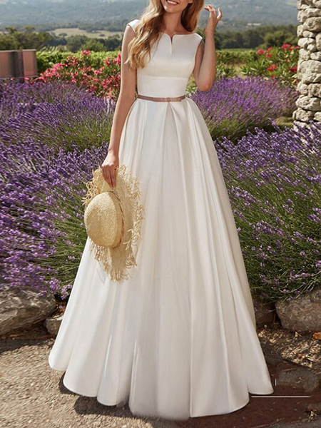 Milanoo Vintage Wedding Dresses Floor Length Designed Neckline Sleeveless Sash Satin Fabric Bridal G