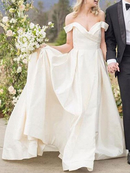 Milanoo Vintage Wedding Dresses Off The Shoulder Sleeveless Natural Waist Satin Fabric Court Train S