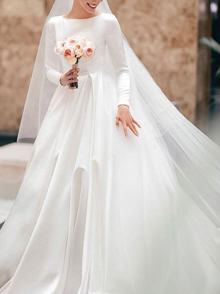 Milanoo Vintage Wedding Dress Jewel Neck Sleeveless Natural Waist Satin Fabric Chapel Train Pleated