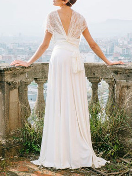 

Milanoo Simple Wedding Dress Sheath V Neck Sleeveless Pleated Floor Length With Train Lace Bridal Dr, Ivory