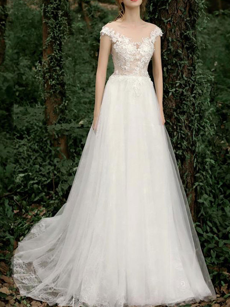 Milanoo Simple Wedding Dresses A Line V Neck Short Sleeves Beaded Floor Length Tulle Bridal Dresses