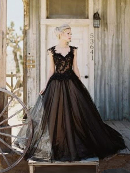Milanoo Black Loyal Wedding Dresses Tulle Princess Silhouette Sleeveless Low Rise Waist Lace Court T