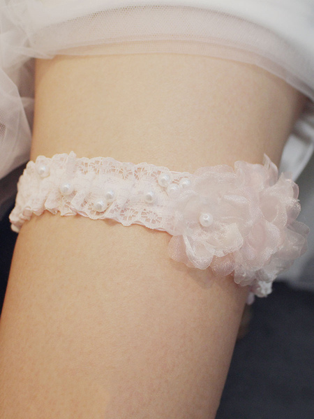 Milanoo Bridal Wedding Garter Soft Pink Lace Pearls Wedding Garters