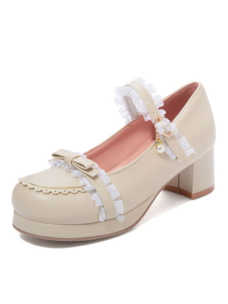 

Milanoo Sweet Lolita Shoes Lace Pearl Bow Round Toe Leather Lolita Pumps, Black;pink;ecru white