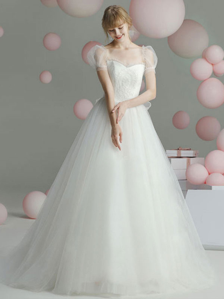 Milanoo Ball Gown Wedding Dress Princess Silhouette Sweetheart Neck Short Sleeves Basque Waist Chape