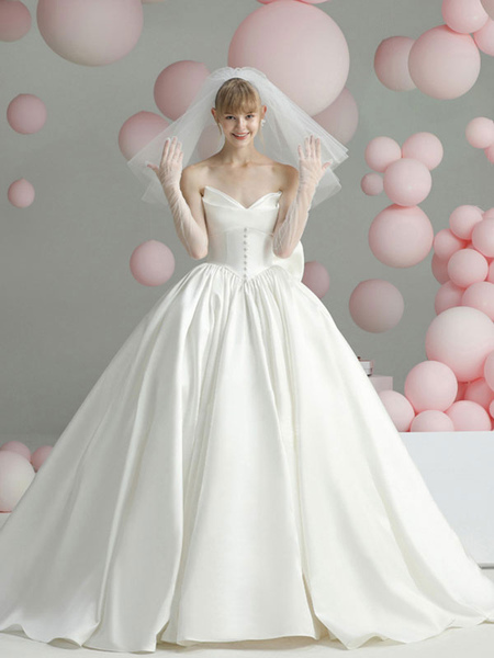 Milanoo Vintage Wedding Dresses Cathedral Train Strapless Sleeveless Bows Satin Fabric Bridal Gowns