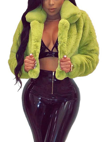 Image of Faux Fur Coats Green Long Sleeves Faux Fur Jacket Women Coat