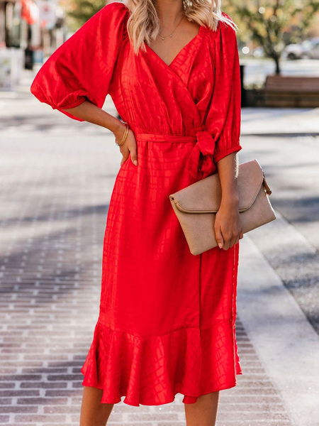 Red Bodycon Dress V Neck Ruffles Summer Dress For Women
