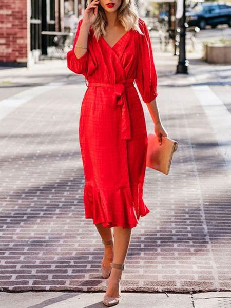 Red Bodycon Dress V Neck Ruffles Summer Dress For Women