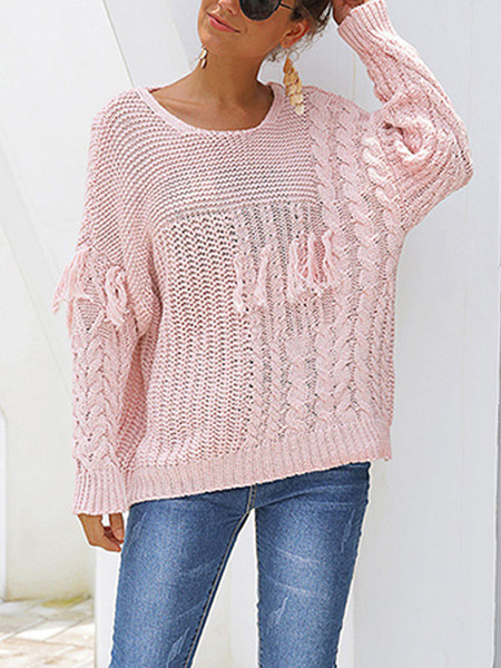 Image of Solid Color Round Neck Tassel Twist Sweater Solid Color Wild Thin Sweater