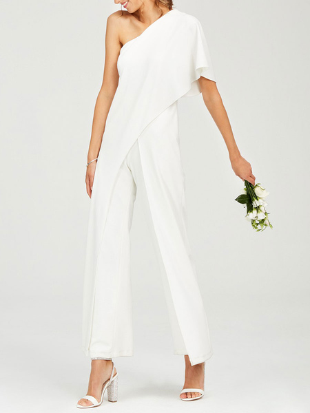 Milanoo Simple Wedding Jumpsuits Ivory One Shoulder Culottes Bridal Dress, ...