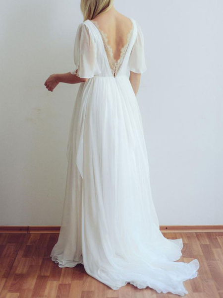 Milanoo Einfache Hochzeitskleid eine Linie Chiffon V-Ausschnitt mit halben Ärmeln plissiert bodenlan