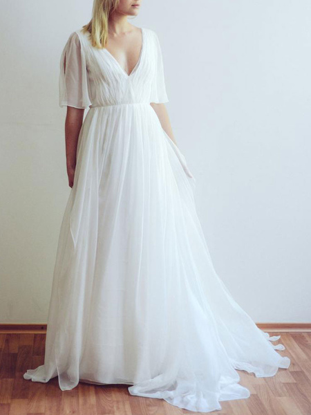 Milanoo Simple Wedding Dress A Line Chiffon V Neck Half Sleeves Pleated Floor Length With Train Brid