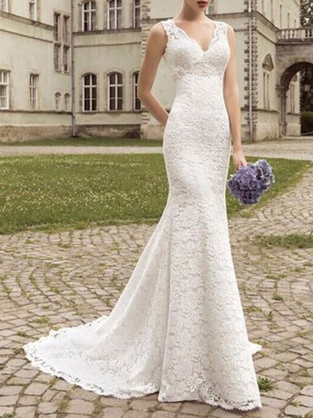 Milanoo Lace Wedding Dress Mermaid V Neck Sleeveless Floor Length With Train Beach Bridal Gowns
