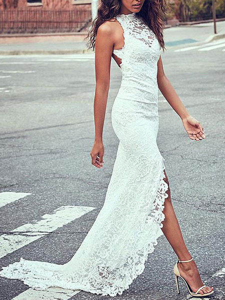 Milanoo Boho Wedding Dress Mermaid High Cpllar Halter Sleeveless With Train Split Lace Bridal Dress