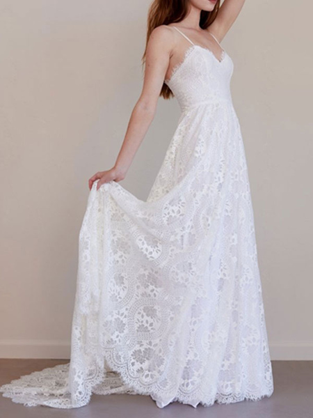 Milanoo Beach Wedding Dress A Line Sweetheart Neck Straps Floor Length Lace Bridal Gown With Train