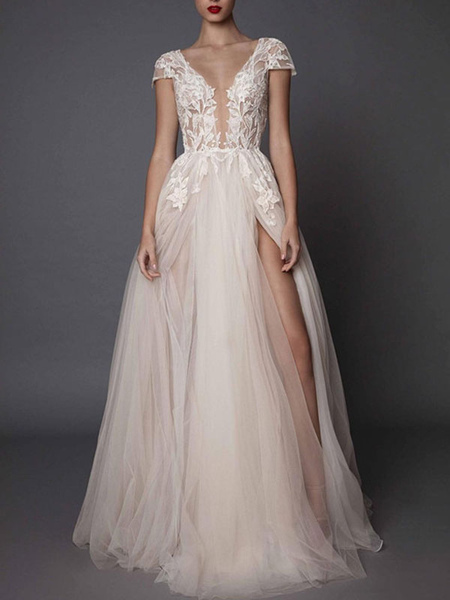 Milanoo Boho Wedding Dress Ivory V Neck Short Sleeve Applique Slit Bridal Dress