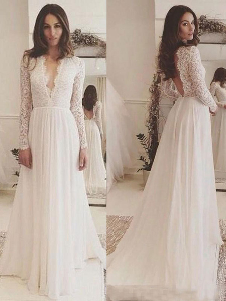 Milanoo Simple Wedding Dress Chiffon V Neck Long Sleeves Lace A Line Bridal Dresses With Train