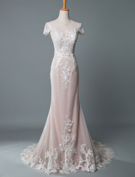Milanoo Simple Wedding Dress Mermaid Jewel Neck Short Sleeves Floor Length Customized Lace Bridal Go