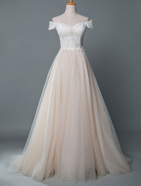 Milanoo Hochzeitskleid aus der Schulter ärmellose High Split Customized Lace mit Zug Brautkleider