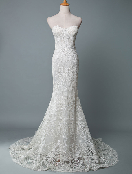 Milanoo Lace Wedding Dress Mermaid Sweetheart Strapless Sleeveless Floor Length With Train Bridal Dr