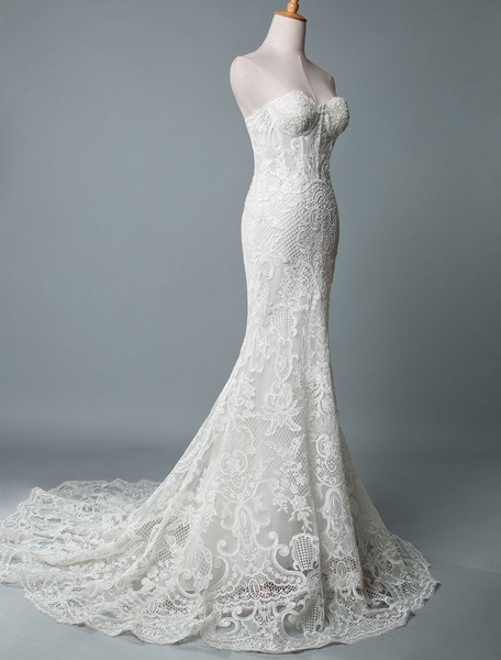 Milanoo Lace Wedding Dress Mermaid Sweetheart Strapless Sleeveless Floor Length With Train Bridal Dr
