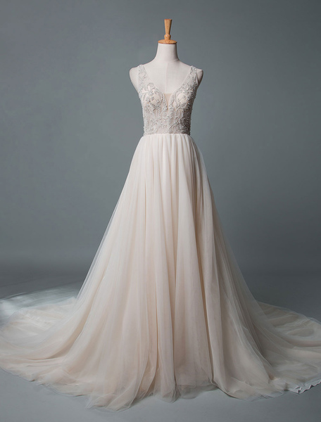 Milanoo Einfaches Hochzeitskleid A Line V-Ausschnitt Ärmellose Applikation Perlen bodenlangen Brautk