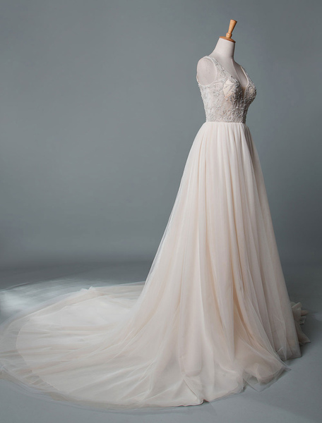 Milanoo Simple Wedding Dress A Line V Neck Sleeveless Applique Beaded Floor Length Bridal Dresses