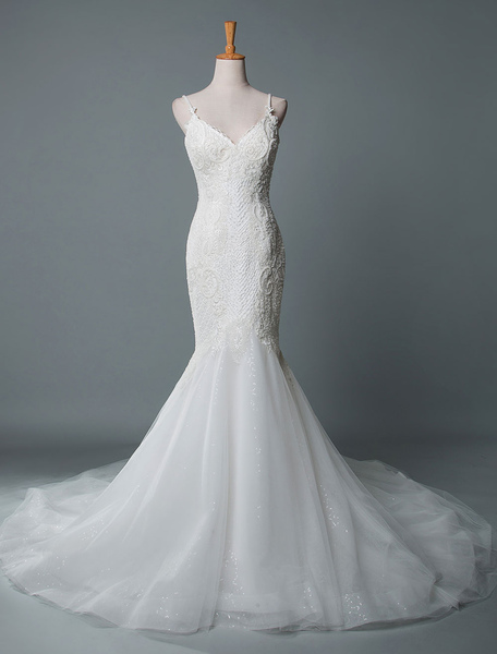 Milanoo Simple Wedding Dress Lace V Neck Sleeveless Lace Mermaid Bridal Dresses With Train