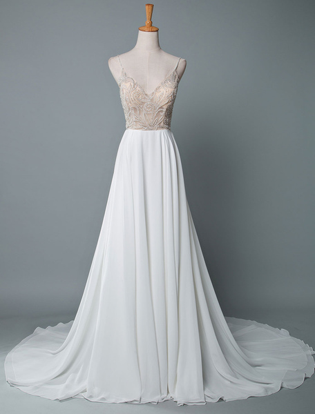 Milanoo Simple Wedding Dress A Line V Neck Sleeveless Embroidered Chiffon Bridal Dresses With Train