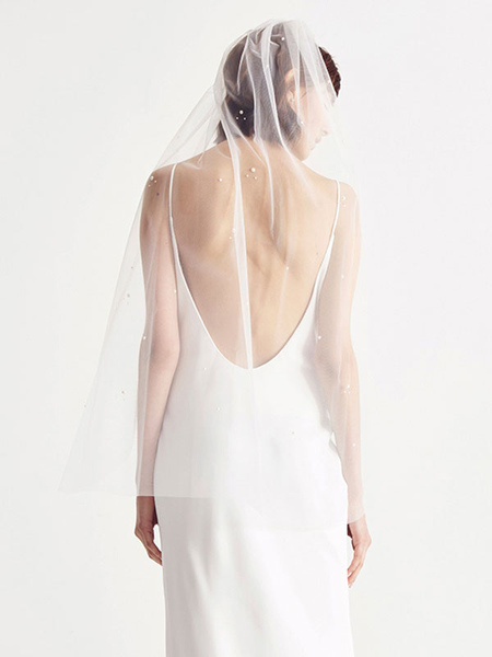 Milanoo Wedding Veils One-Tier Pearls Tulle Cut Edge Classic Bridal Veils