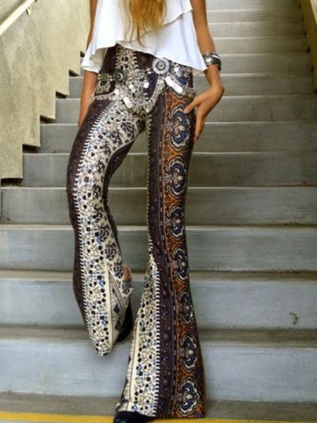 Image of Boho Bell Bottom Pants 70s Printed Flare Trousers