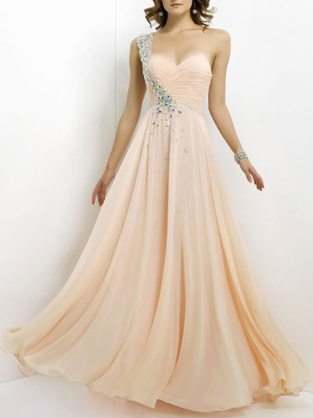 Image of Chiffon Prom Dresses Long College Graduation Dresses Rhinestone One Shoulder Strap Sweetheart Neckline Dress