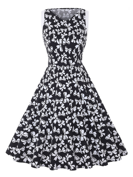 Image of Retro Dress 1950s V Neck Sleeveless Woman Rockabilly Dress