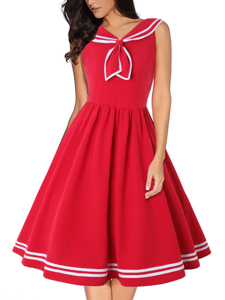 Image of Retro Dress 1950s Red Woman Short Sleeves Rockabilly Dress
