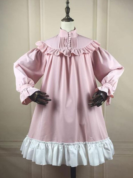 Milanoo Sweet Lolita OP Dress Ruffles Pink Two Tone Long Sleeves Lolita One Piece Dresses