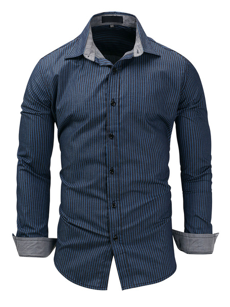 Image of Men Casual Shirts Blue Turndown Collar Long Sleeve Oversized Shirts