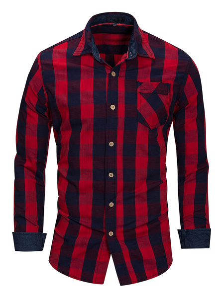 Image of Man's Casual Shirt Turndown Collar Casual Oversized Color Block Red Shirts