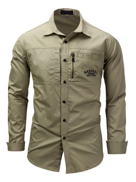 Image of Men's Casual Shirt Turndown Collar Long Sleeve Oversized Khaki Shirts
