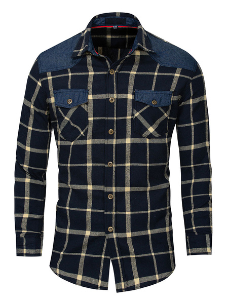Image of Men's Regular Fit Patchwork 100% Cotton Plaid Shirt With Pockets