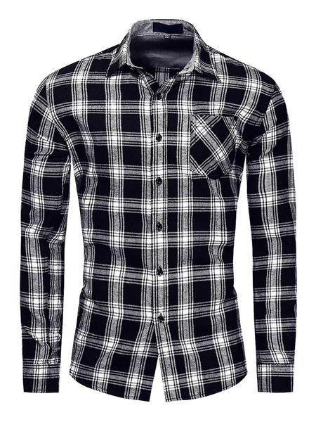 Image of Men's Shirts Red Turndown Collar Plaid Casual Oversized Shirt With Pockets