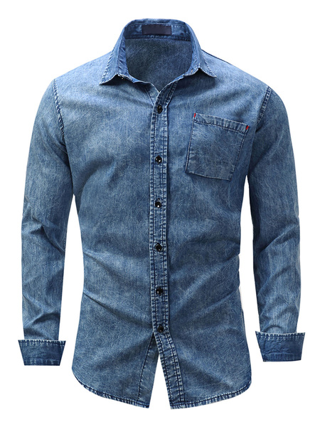 Image of Blue Denim Shirts Men Turndown Collar Long Sleeve Oversized Casual Shirts