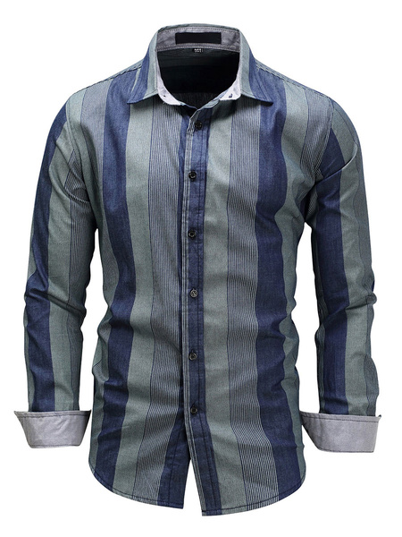 Image of Men's Casual Shirt Turndown Collar Casual Oversized Stripes Blue Shirts