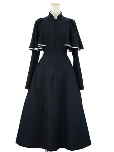 Image of Gothic Lolita Dress OP Caped Ruflfe nero a maniche lunghe Lolita Dresses One Piece