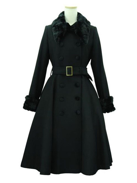 Milanoo Classic Lolita Coats Black Coat Belted Furry Collar Overcoat Winter Lolita Outwears