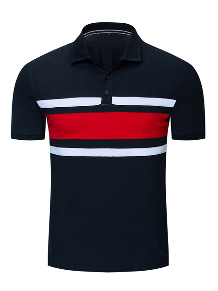 Image of Men's Polo Shirt Stripes Turndown Collar Short Sleeves Regular Fit Dark Navy Fashionable Polo Shirts
