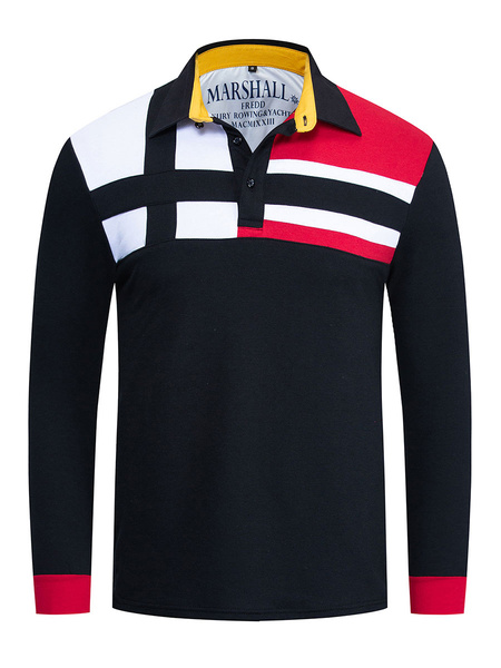 Image of Mens Polo Shirt Stripes Turndown Collar Long Sleeves Regular Fit Dark Navy T Shirts