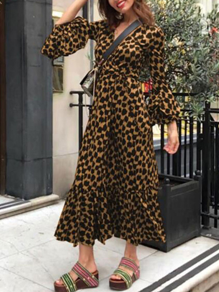 Image of Maxi Dresses Long Sleeves Blue Leopard Print V Neck Lace Up Maxi High Low Design Polyester Long Dress